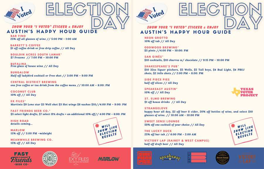 Austin's Election Day Happy Hour Guide flyer, both pages