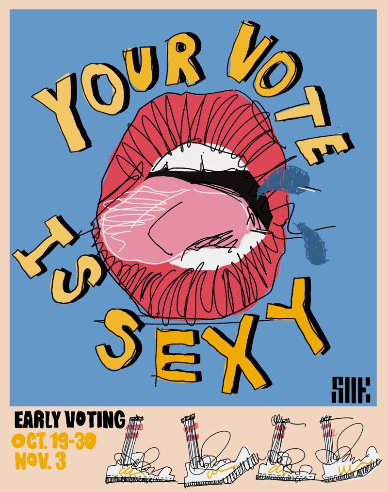 Your Vote Is Sexy tee design in Blue with Peach Frame